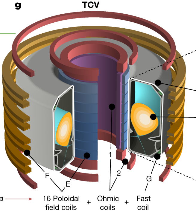 Cutaway rendering of the TCV tokamak: a cylindrical vessel with poloidal field coils, ohmic coils, and a fast coil, with the glowing plasma cross-section visible inside.